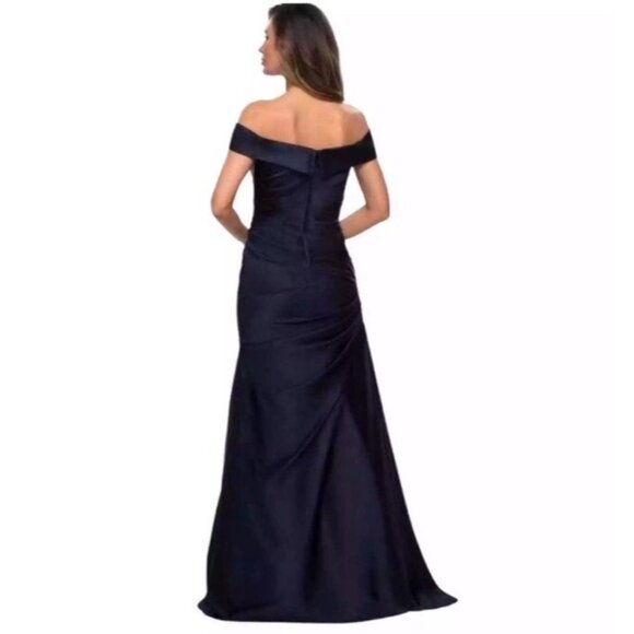 La Femme Women’s Size 18 Navy Blue Off Shoulder Satin Formal Evening Gown Dress - Picture 2 of 12